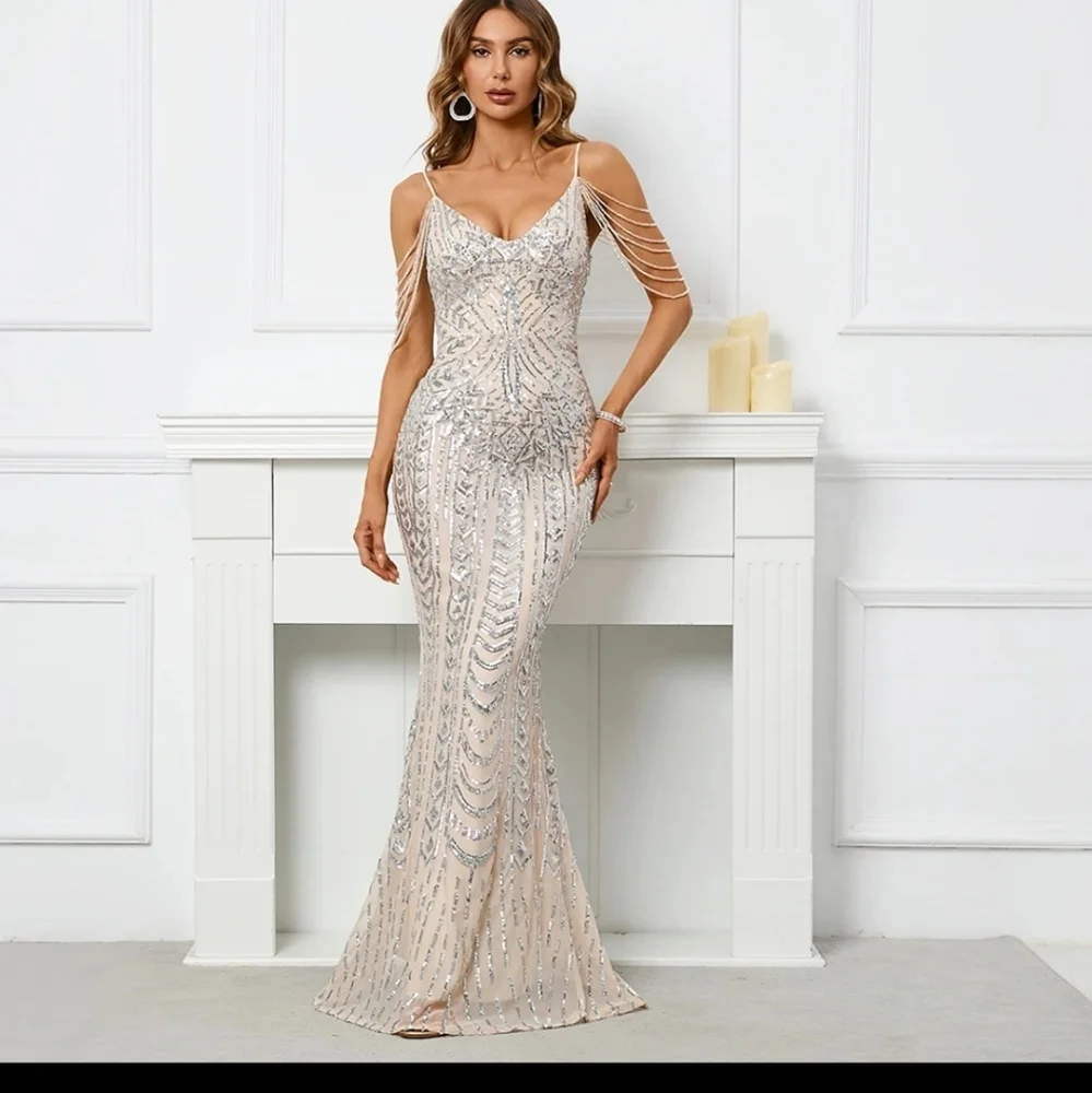 Silver, Backless, Cami,  Fringe Sleeves,  Contrast Sequined Mermaid Gown - Picture 6 of 16